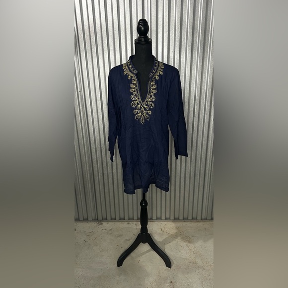 Lilly Pulitzer Dresses & Skirts - Women’s Lilly Pulitzer Blue Gold Long Sleeve Midi Bohemian Dress Designer XL